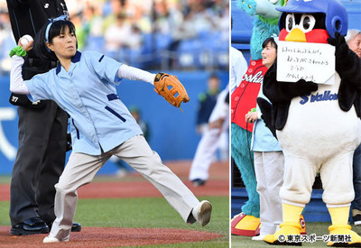 磯野貴理子　つば九郎にイジられながら笑顔で始球式（東スポWeb）