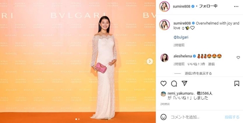 妊娠中のすみれ、“ふっくらおなか”に手を添えエレガントなドレス姿　「ママの顔」「元気な赤ちゃん産んでね」(ねとらぼ)